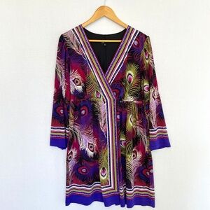 Oleg Cassini Long Sleeve Faux Wrap Dress Peacock Feathers Size 12